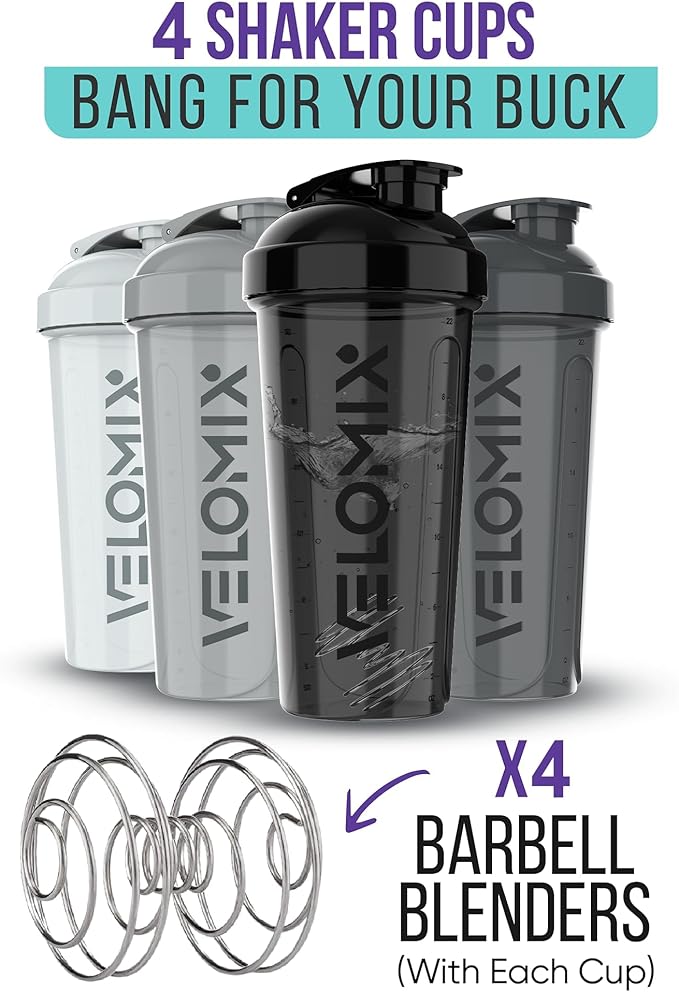 VELOMIX -4 Pack- 28 oz Protein Shaker Bottles for Protein Mixes - 4x Wire Whisk | Leak Proof Shaker Cups for Protein Shakes | Protein Shaker Bottle Pack (Silver Mix)