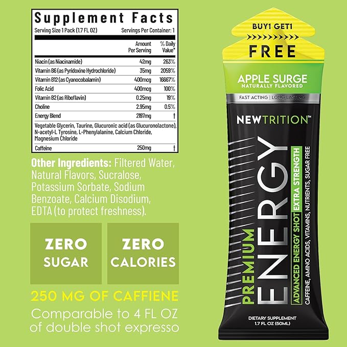 NewTrition® Extra Strength Energy Shots, 250mg Caffeine Energy Shots with Vitamin B & Amino Acids, Sugar-Free Vitamin Energy Shot, 1.7 fl oz (Pack of 24, 4 Flavors - Mixed 2)