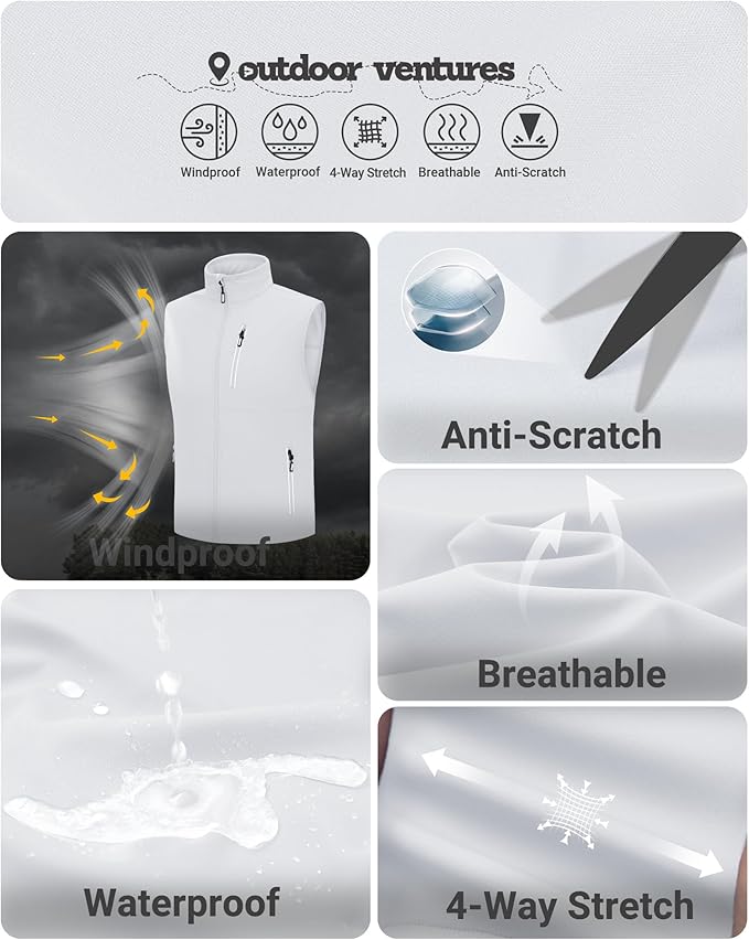 Outdoor Ventures Men's Windproof Softshell Vest Outerwear Lightweight Sleeveless Jacket for Running Golf Hiking Travel