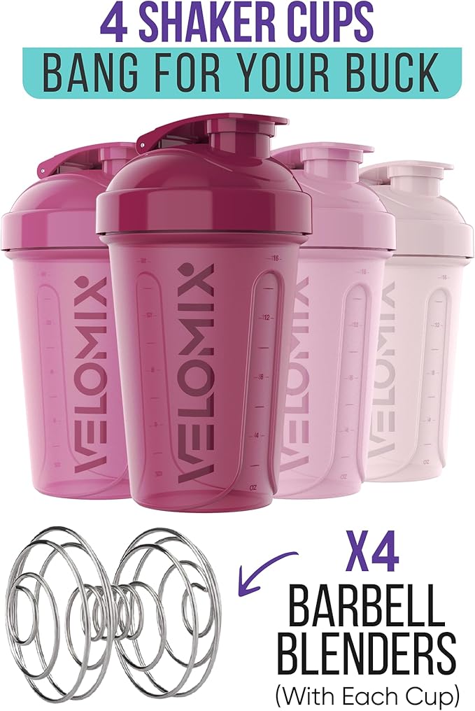 VELOMIX -4 PACK- 20 OZ Protein Shaker Bottles for Protein Mixes, Shaker Cups for Protein Shakes, Small Shaker Bottle Pack, Shaker Cup, Shakers for protein Shakes (Berry Blend)