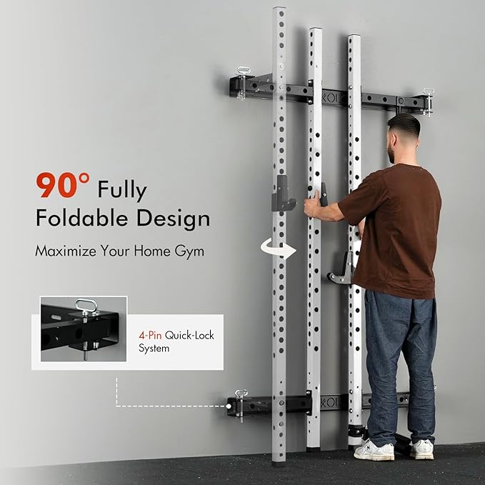 Mikolo 2" x 2" Folding Wall Mounted Squat Rack, 1000 Pounds Capacity Power Rack with Pull Up Bar, J Hooks and Other Attachments, Space-Saving Home Gym