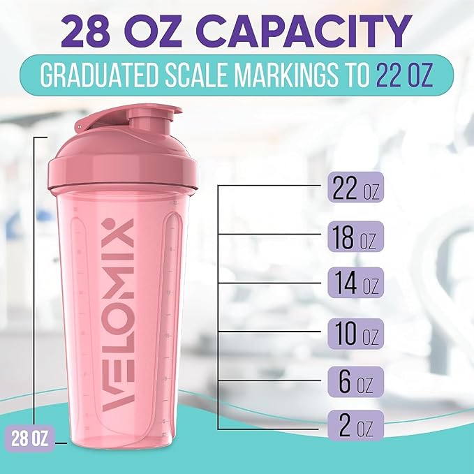 VELOMIX -6 PACK- 28 oz Protein Shaker Bottle for Protein Mixes - 6x Wire Whisk | Leak Proof Shaker Cups for Protein Shakes | Protein Shaker Bottle Pack | Protein Shake Cup (Dynamic Fuel Series)
