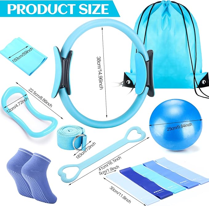 Pilates Ring Circle Set 18 Pcs Exercise Equipment Accessories for Women Workouts Pilates Ball Stretching Strap Magic Circle Yoga Ring Gym Back Bag Resistance Band Anti Slip Socks