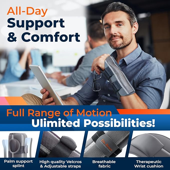 DR. BRACE Adjustable Wrist Brace Night Support for Carpal Tunnel, Doctor Developed, Upgraded with Double Splint & Therapeutic Cushion,Hand Brace for Pain Relief,Injuries,Sprains (L/XL Right Hand, Grey)