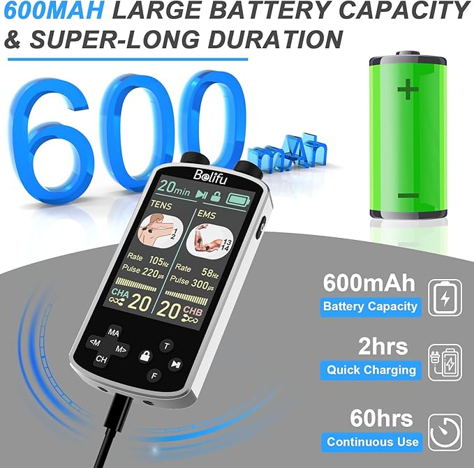 TENS EMS Unit Muscle Stimulator for Pain Relief Therapy - 4 in 1 TENS & EMS & Relax & Custom Frequency + Pulse - Muscle Massager 36 Modes 20 Intensity, Memory & Favorites Function with 600mAh Battery