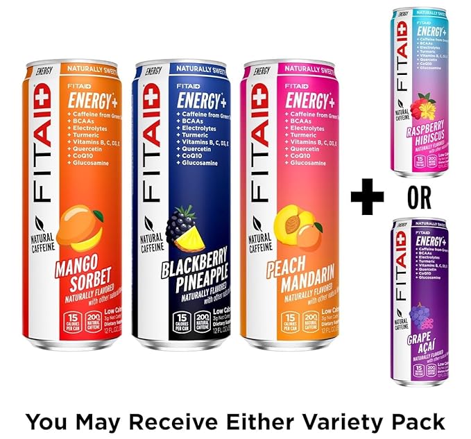 LIFEAID FITAID Energy, 200mg Natural Caffeine, Keto, Variety Pack, Optimum Performance Formula: BCAAs, Quercetin, Electrolytes, Omega-3s, 15 Calories, Paleo, Vegan & Gluten-Free, 12 Fl Oz (Pack of 12)