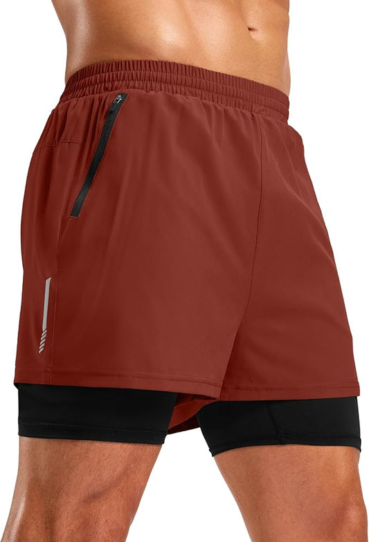 Pudolla Men's 7" Running Shorts with Zipper Pockets Quick Dry 2 in 1 Workout Gym Shorts with Liner for Tennis Yoga Training
