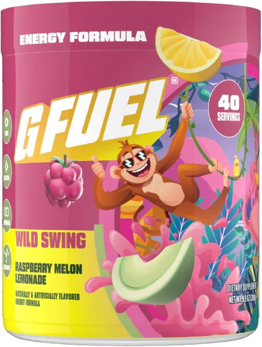 G Fuel Wild Swing Energy Drink Powder, Pre Workout Caffeine Mix for Gaming, Sugar Free Focus Amino, Vitamin + Antioxidants, 9.8oz (Raspberry Melon Lemonade, 40 Servings)