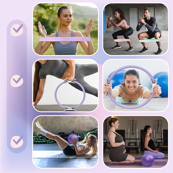 Pilates Ring Set: 14-Inch Magic Circle with Dual Padded Handles, Pilates Mini Ball, and Resistance Bands (15, 25, 35 lbs) for Strength, Flexibility, Stability, and Body Toning