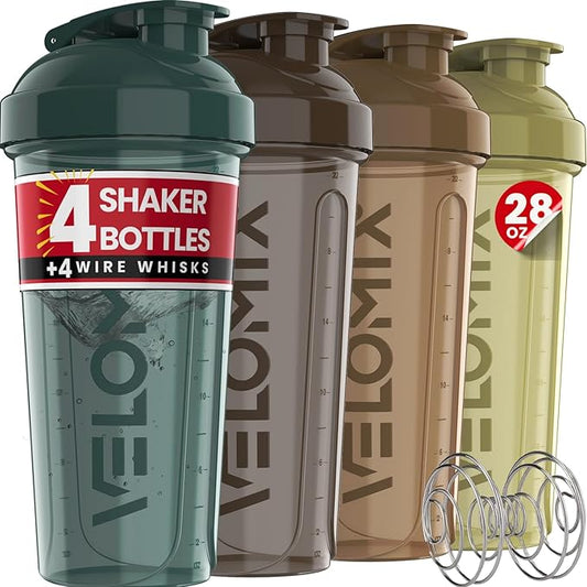 VELOMIX -4 PACK- 28 oz Protein Shaker Bottle for Protein Mixes - 4x Wire Whisk | Leak Proof Shaker Cups for Protein Shakes | Protein Shaker Bottle Pack | Protein Shake Cup (Urban Clay)