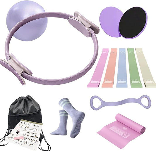 Pilates Ring Essentials Kit for Women, Styled in Soft Macaron Creams - Yoga Exercise Equipment Set for Home Workouts with Magic Circle, Mini Ball & Accessories - Fitness Ring Set for Beginners