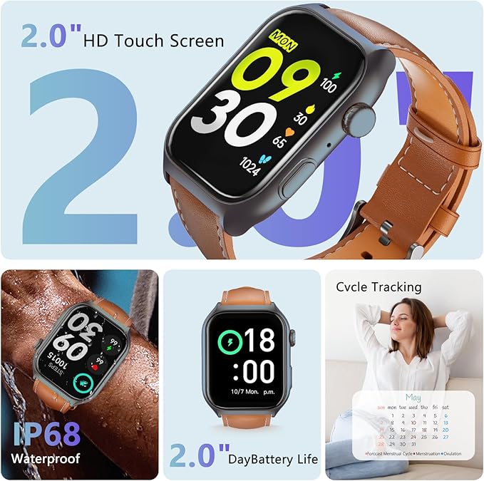 YMS Android Smart Watch for Women - Bluetooth Call,Compatible with Android & iOS,2.0" HD Screen, Heart Rate/Sleep/Step Tracker, 100+ Sports Modes,IP68 Waterproof Men Fitness Tracker (Brown(Leather))