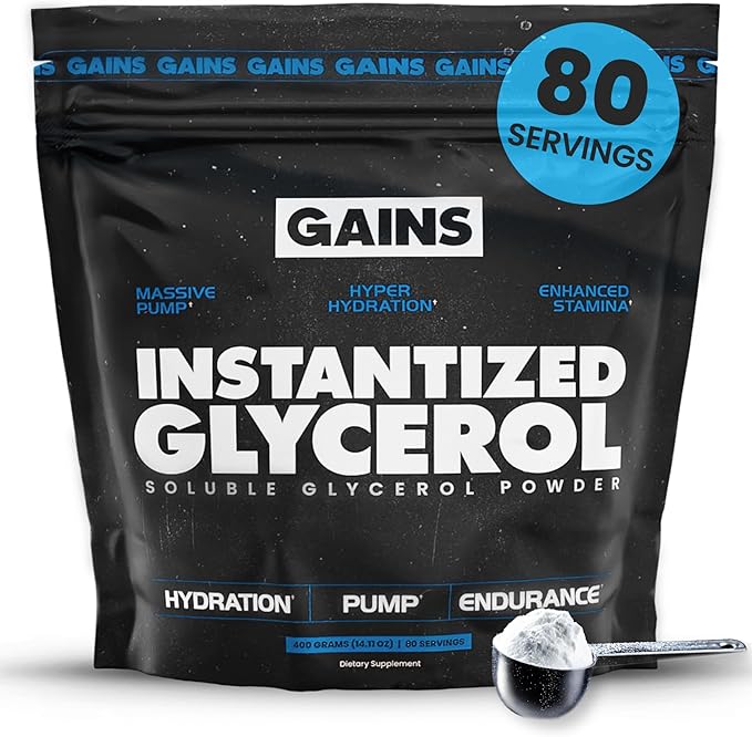 Gains in Bulk Instantized Glycerol Powder, Pre Workout Formula for Muscle Recovery, Pump and Hydration Support, Workout Supplement for Men and Women, Sugar Free, Non-Clumping, Unflavored, 80 Servings
