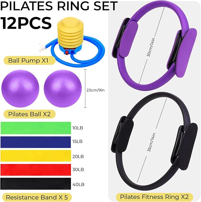 Pilates Ring and Ball Set with Resistance Bands Exercise Ball for Women, Pilates Equipment Essentials Kit 14'' & 12'' Pilates Rings, 2 Pilates Balls with Pump, 5 Bands for Home Workouts