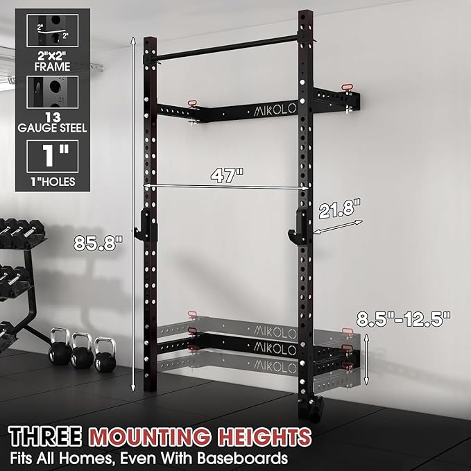 Mikolo 2" x 2" Folding Wall Mounted Squat Rack, 1000 Pounds Capacity Power Rack with Pull Up Bar, J Hooks and Other Attachments, Space-Saving Home Gym