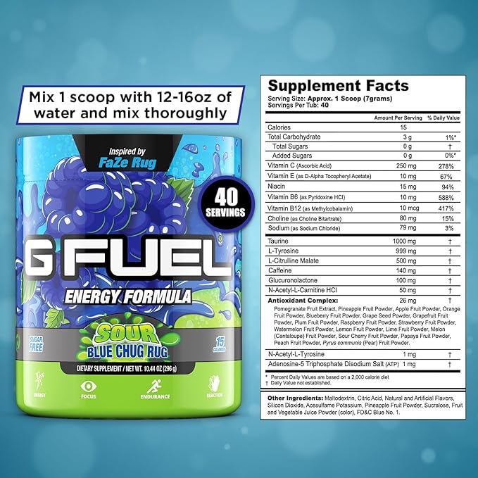 G Fuel Chug Rug Energy Drink Powder, Pre Workout Caffeine Mix for Gaming, Sugar Free Focus Amino, Vitamin + Antioxidants, 10.44oz (Sour Blue Raspberry, 40 Servings)