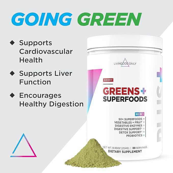 Livingood Daily Greens & Superfood Powder, Super Greens for Gut Health, Green Juice Powder with Spirulina, Chlorella, and Digestive Enzymes, Probiotics for Digestive Support, Berry, 30 Servings