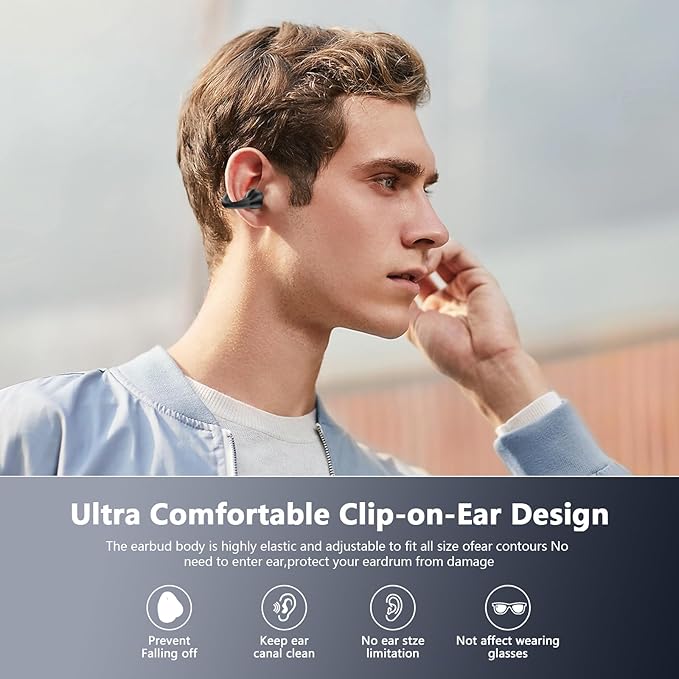 Open Ear Bone Conduction Headphones Wireless Bluetooth 5.3 Open Clip On Earbuds Built-in Mic with Ear Hooks 60 Hours Playtime Sport Earphones IPX7 Waterproof for Fitness Running Walking Black