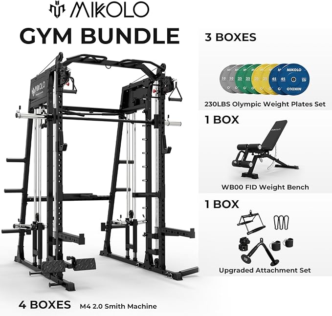 Mikolo Smith Machine, 2200lbs Squat Rack with LAT-Pull Down System & Cable Crossover Machine, Training Equipment with Leg Hold-Down Attachment