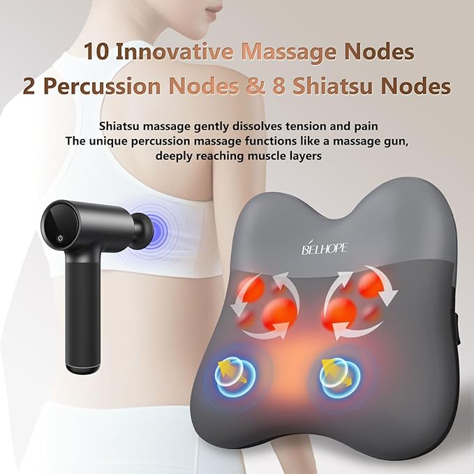 belhope Shiatsu Back Massager with Heat,Percussion Massage Cordless Back Massage for Pain Relief Deep Tissue.4D Kneading Massage,Gift for Men Women Parents Relaxation at Christmas Office Car,Grey