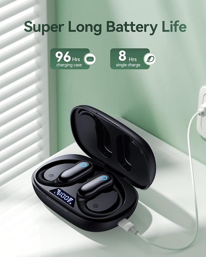 Active Noise Canceling Ear Buds Wireless Earbuds 96hrs Playback Bluetooth Headphones IPX7 Waterproof Stereo Bass Over-Ear Earphones with Earhooks Microphone LED Battery Display for Sports Workout