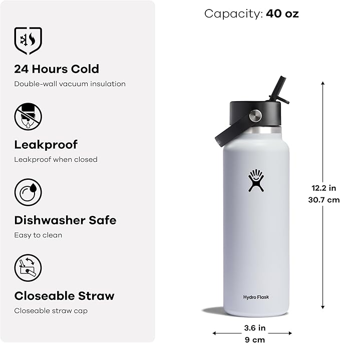 Hydro Flask Water Bottle - Insulated Stainless Steel - Wide Mouth Flex Straw Lid, Non Spill, Leakproof and Refillable in 40 Oz Stainless Steel Lime