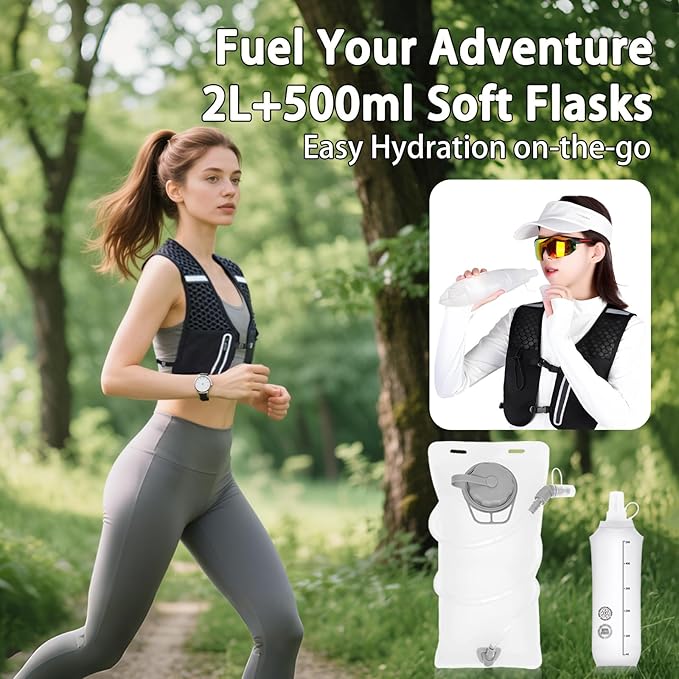 Unisex Running Vest Running Backpack - Adjustable Size Lightweight Trail Hydration Vest with 2L Bladder & 500ml Soft Flask, Mesh, Large Phone Pocket for Night Walking, Marathon(Reflective Strips)