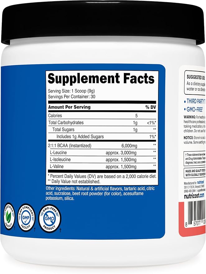 Nutricost BCAA Powder (Watermelon, 30 Servings) - Optimal 2:1:1 Ratio