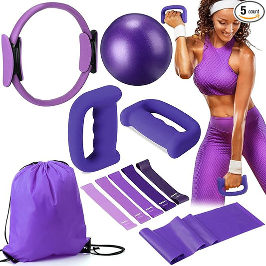 Poen 10 Pcs Home Pilates Kit for Women Include 12" Pilates Ring 10" Yoga Exercise Ball 5 Resistance Bands Dumbbells Elastic Band and Drawstring Backpack Set for Legs Arms Thighs
