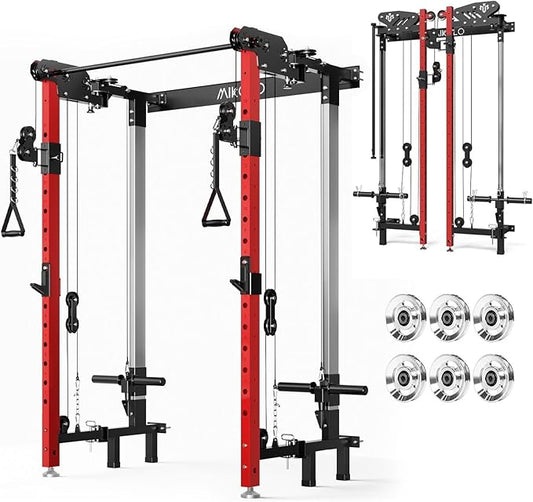 Mikolo Folding Squat Rack, Wall Mounted Power Rack with Cable Crossover Machine & LAT Pull Down, Functional Trainer with 5 Adjustable Function Modes, for Home Gym and Space Saving
