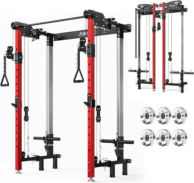 Mikolo Folding Squat Rack, Wall Mounted Power Rack with Cable Crossover Machine & LAT Pull Down, Functional Trainer with 5 Adjustable Function Modes, for Home Gym and Space Saving