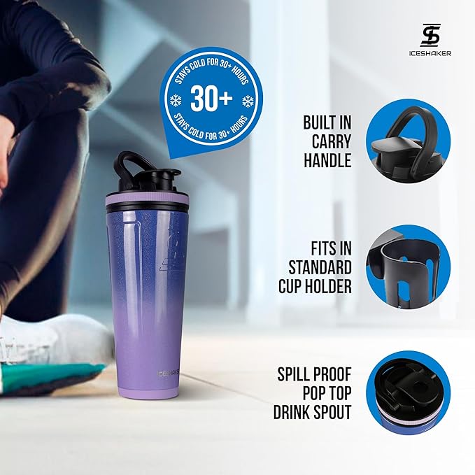 Ice Shaker 26 Oz Stainless Steel Shaker Bottle, Lilac Dreaming - Insulated Gym Water Bottle with Patented Agitator, Reusable for Workouts, Smoothies, Sports
