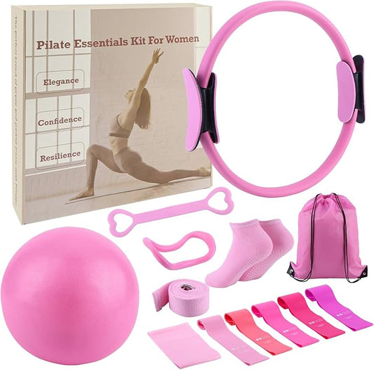 ASIEIT Home Pilates Kit for Women, Pilates Equipment with 5 Resistance Bands, 14'' Magic Circle, Pilates Ball and Ring Set, Pilates Essentials Kit for Home Toning, Strength and Flexibility