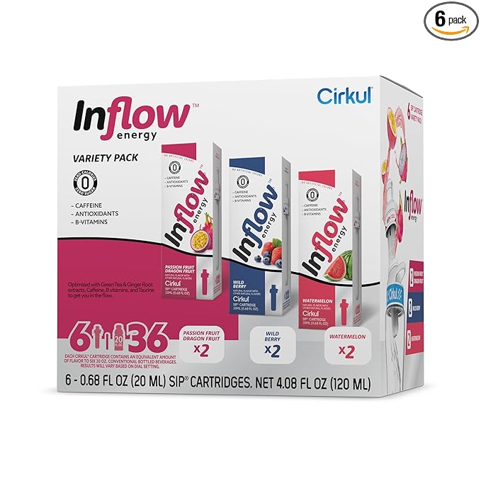Cirkul Inflow Energy Caffeine Flavor Water Variety Pack, Makes 36 Drinks, No Sugar, Zero Calorie Drink Mix, (2 Passion Fruit Dragon Fruit, 2 Wild Berry, 2 Watermelon)