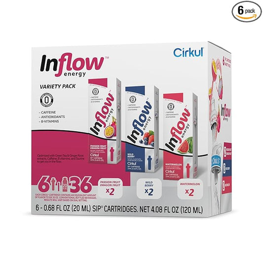 Cirkul Inflow Energy Caffeine Flavor Water Variety Pack, Makes 36 Drinks, No Sugar, Zero Calorie Drink Mix, (2 Passion Fruit Dragon Fruit, 2 Wild Berry, 2 Watermelon)