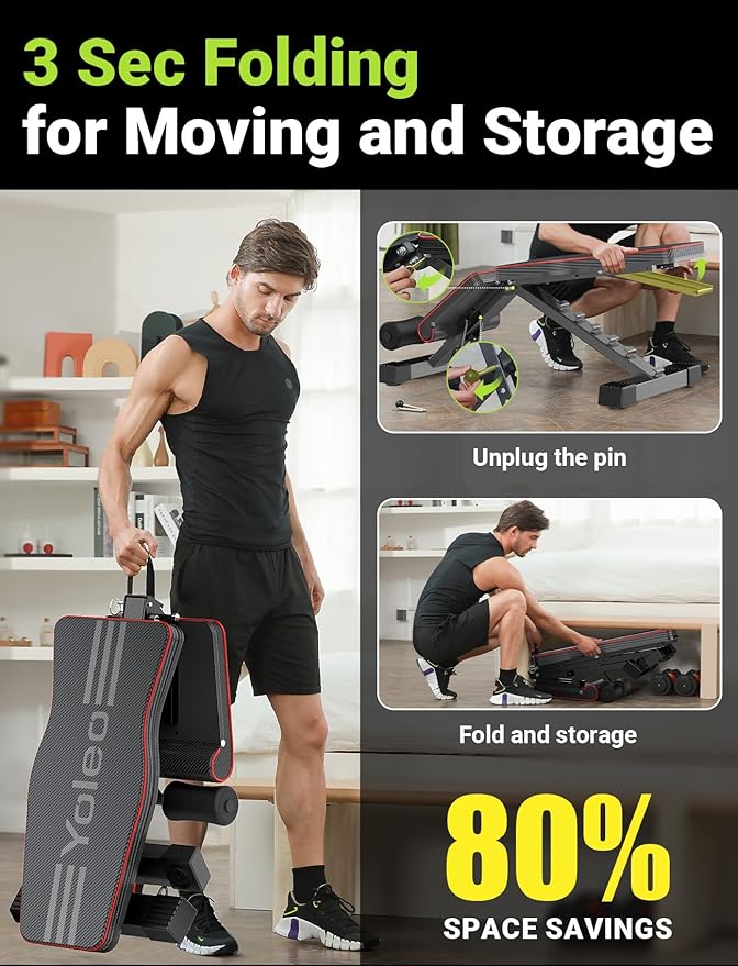 Yoleo Adjustable Weight Bench for Full Body Workout, Foldable Bench Press Bench of Home Gym Strength Training, Incline Decline Flat Utility Workout Bench with Quick Folding & Fast Adjustment