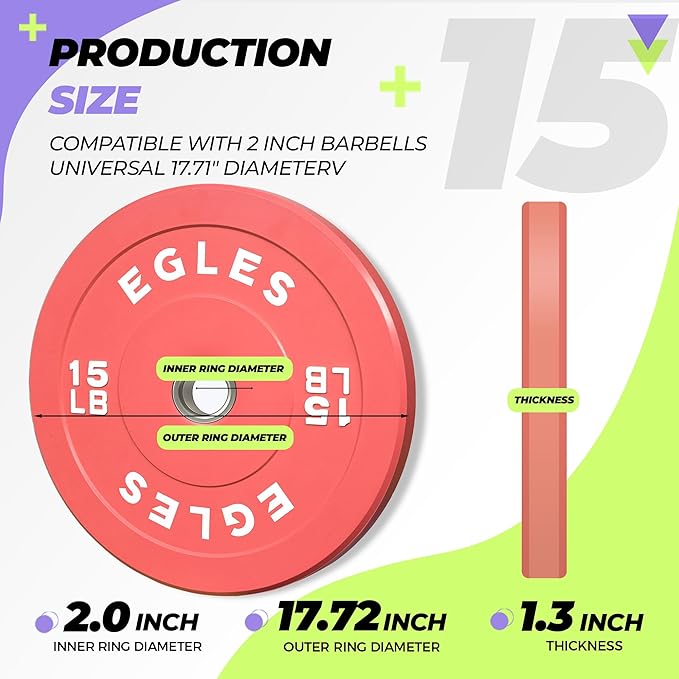 EGLES Vibrant Colorful Olympic Weight Plates, Rubber Barbell Plates, 2-inch Standard Virgin Rubber Bumper Plate 10 15 25 35 45LB for Home Gym Weightlifting, Strength Training, Fit Workouts
