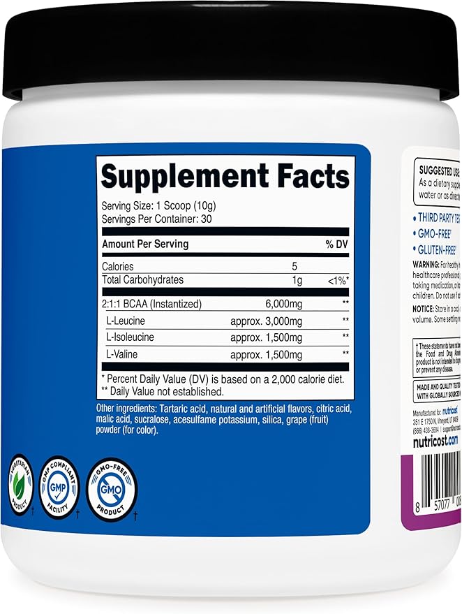 Nutricost BCAA Powder (Grape, 30 Servings) - Optimal 2:1:1 Ratio, Vegetarian, Non-GMO
