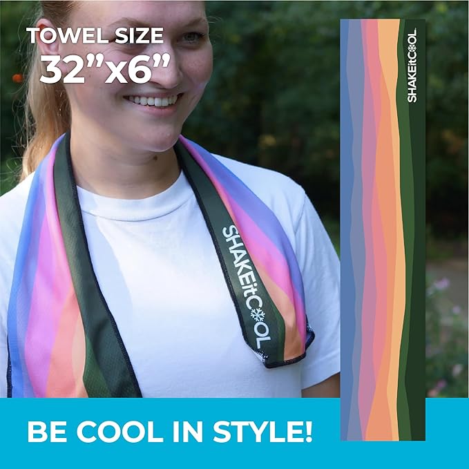 SHAKEitCOOL Original Cooling Towel โ Be Cool in Style - Heat Relief, Soft, Lightweight, Sun Protection, Easy Clean - Perfect for Biking, Running, Yoga, Gym, Gardening - Sunset Mountain