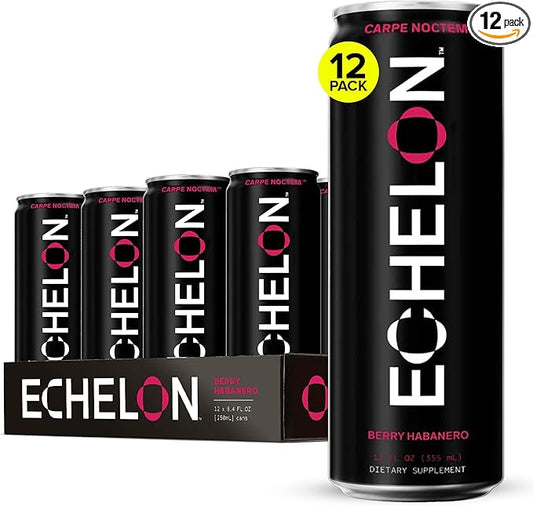Echelon Pre-Workout Energy Drink | Berry Habanero | 12 Pack | Sustained Energy, Focus and Endurance Dietary Supplement | 300mg of Caffeine | Beta-Alanine, L-Theanine & Fiber | Vegan
