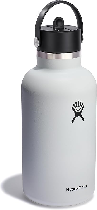 Hydro Flask Water Bottle - Insulated Stainless Steel - Wide Mouth Flex Straw Lid, Non Spill, Leakproof and Refillable in 64 Oz White