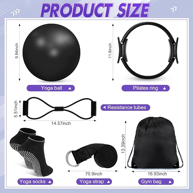 Poen 18 Pcs Pilates Ring Kit Home Pilates Ring Circle and Ball Set for Women Yoga Fitness Set with 5 Resistance Band Stretching Strap Non Slip Sock Ball Core Slider Wristband Headband Gym Bag(Black)