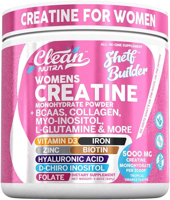 Creatine for Women | Creatine Monohydrate + BCAA Powder Myo-Inositol Collagen Biotin Hyaluronic Acid Folate L Glutamine Vitamin D3 Iron Zinc D-Chiro-Maca Digestion Shelf Builder by Clean Nutra
