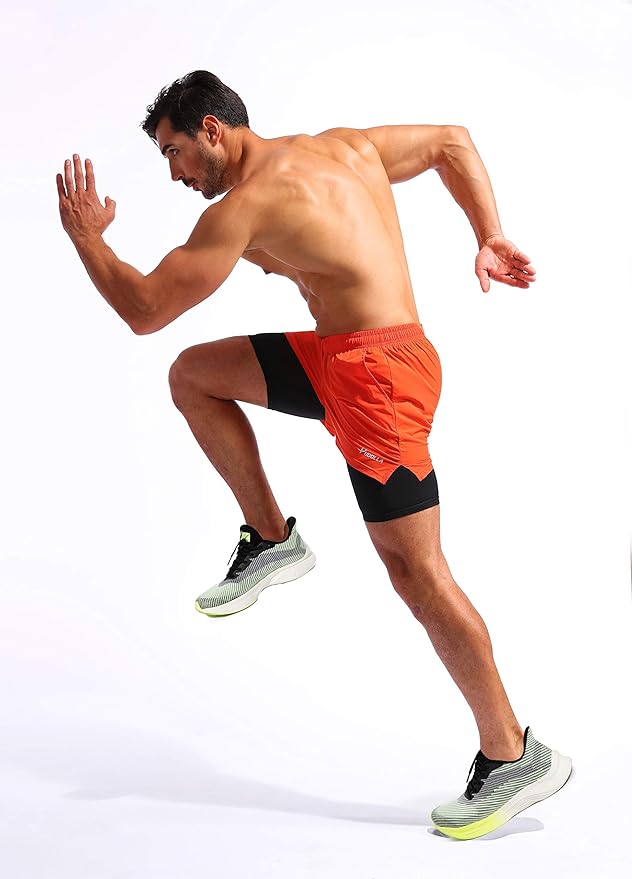 Pudolla Men’s 2 in 1 Running Shorts 5" Quick Dry Gym Athletic Workout Shorts for Men with Phone Pockets