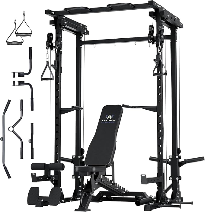 MAJOR FITNESS Drone3 Power Rack, Multi-Function Home Gym Squat Rack with Pull-Up Bar, Cable Crossover & J-Hooks, Heavy-Duty Steel Frame for Maximum Stability & Strength Training