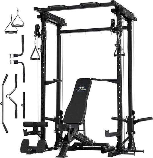 MAJOR FITNESS Drone3 Power Rack, Multi-Function Home Gym Squat Rack with Pull-Up Bar, Cable Crossover & J-Hooks, Heavy-Duty Steel Frame for Maximum Stability & Strength Training
