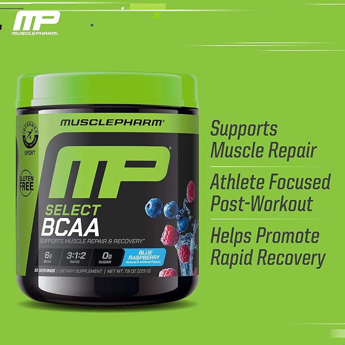 MusclePharm Essentials BCAA Powder, Pre & Post Workout Recovery Drink, Supports Muscle Recovery & Energy Production, Essential Amino Acids Supplement, 30 Servings, Blue Raspberry Flavor