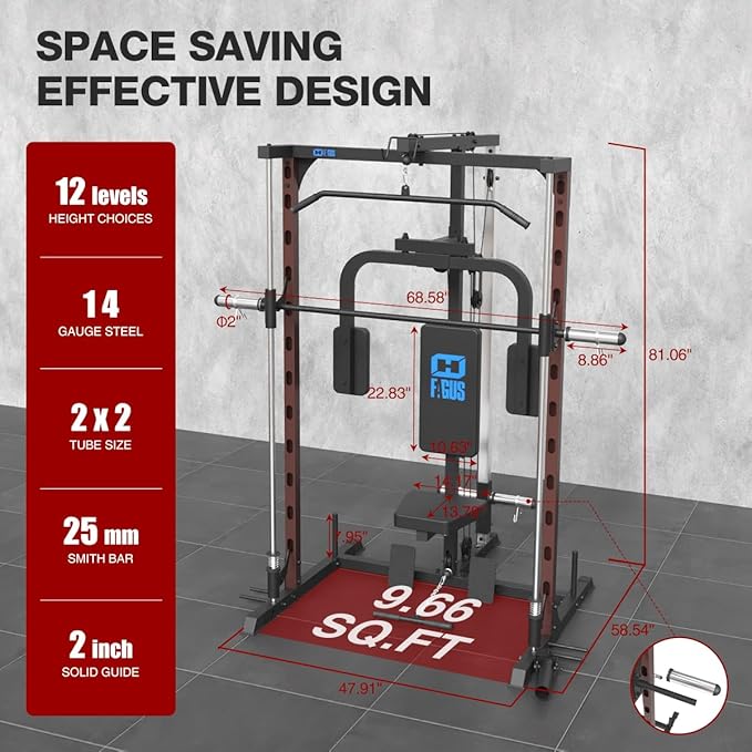 FAGUS Smith Machine Home Gym Power Cage with Pulley System, Space Saving Design Squat Rack with Full Body Strength Training Attachments, PEC Station & Fixed Cable Crossover Optional