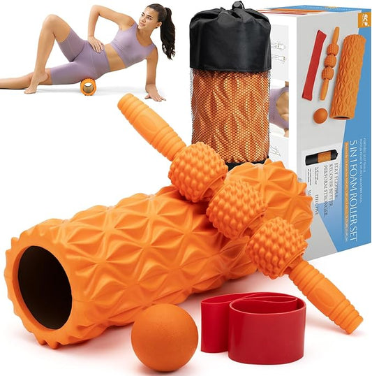 5 in1 Foam Roller Set, Trigger Point Foam Roller, Massage Roller Stick, Massage Ball, Resistance Band for Deep Muscle Massage Pilates Yoga,Fitness Exercise for Whole Body (Pure Orange)