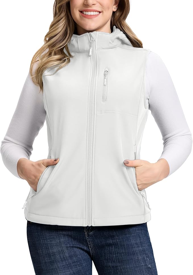 Outdoor Ventures Women's Hooded Lightweight Softshell Vest, Windproof Fleece Lined Sleeveless Jacket for Golf Running Travel